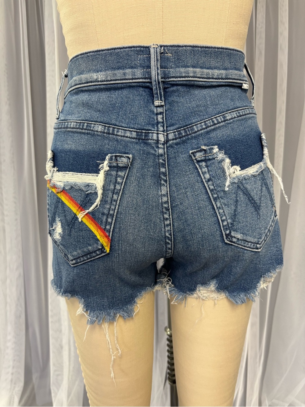 MOTHER Blue Denim High-Rise Cutoff Shorts with Rainbow Pocket - Picture 2 of 8